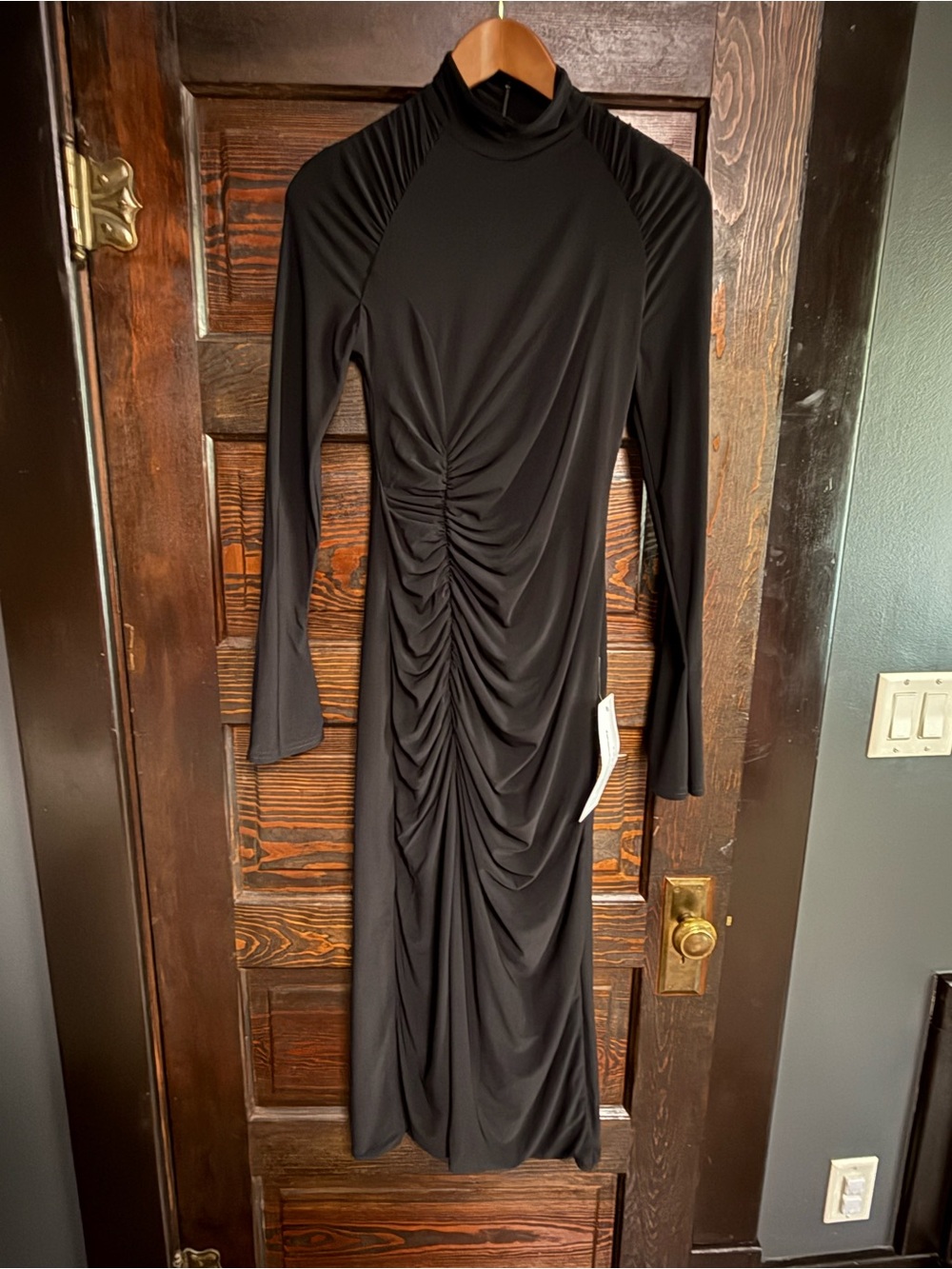NWTs - Club L London Black Ruched High-Neck Long-Sleeve Midi Dress